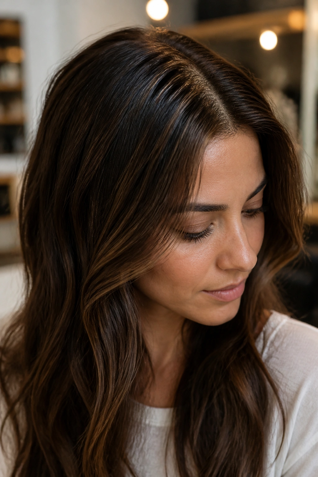 Close-up of real woman's hair with fine babylights along part line.