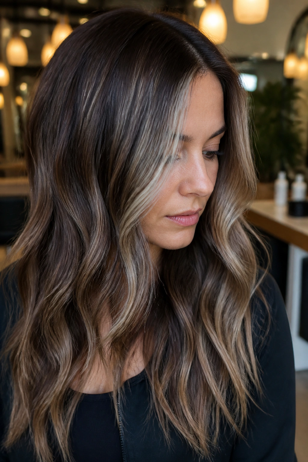 Chestnut brown hair with fine silver babylights.