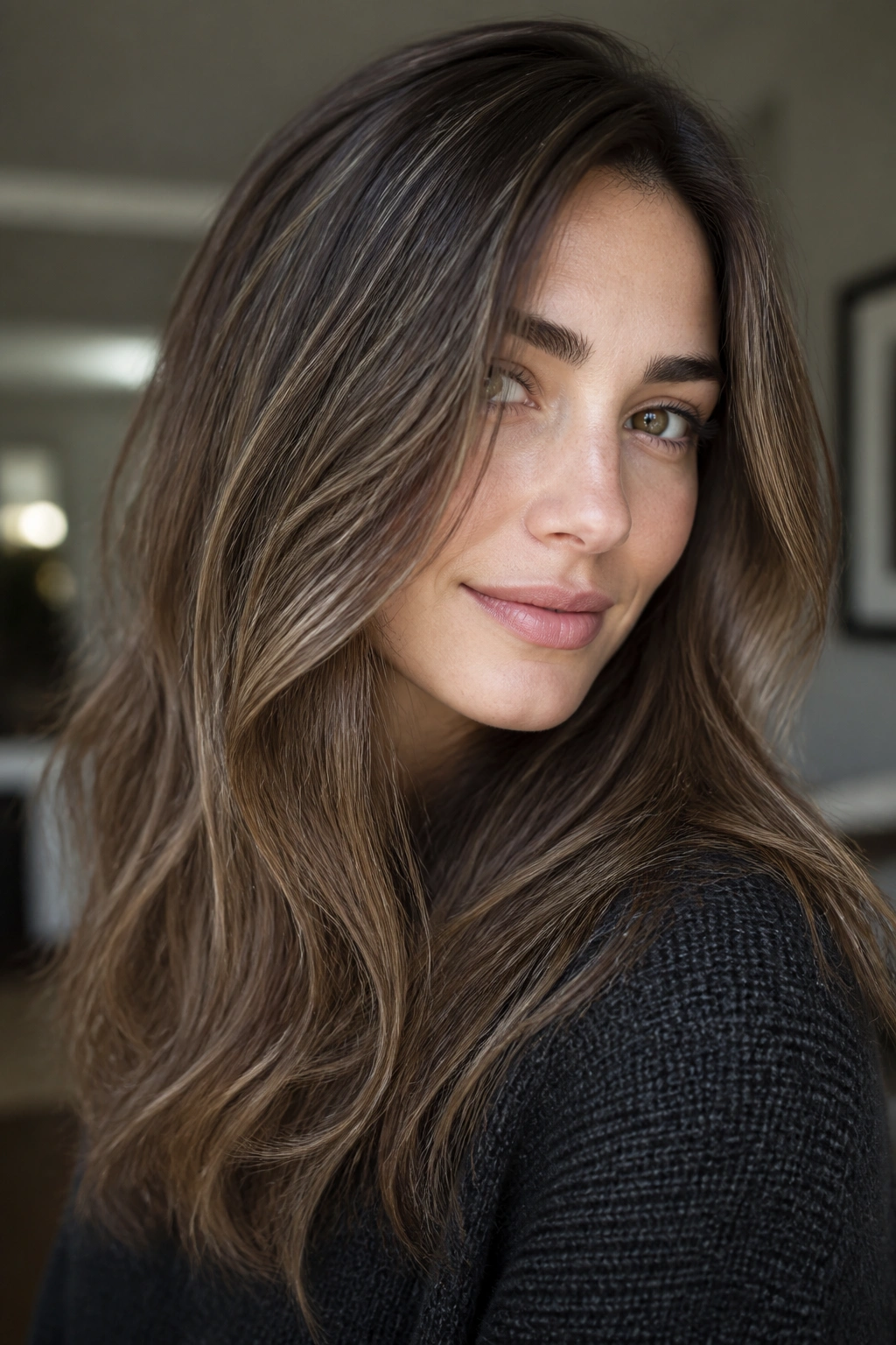 Close-up of ultra-fine silver babylights woven through medium brown hair