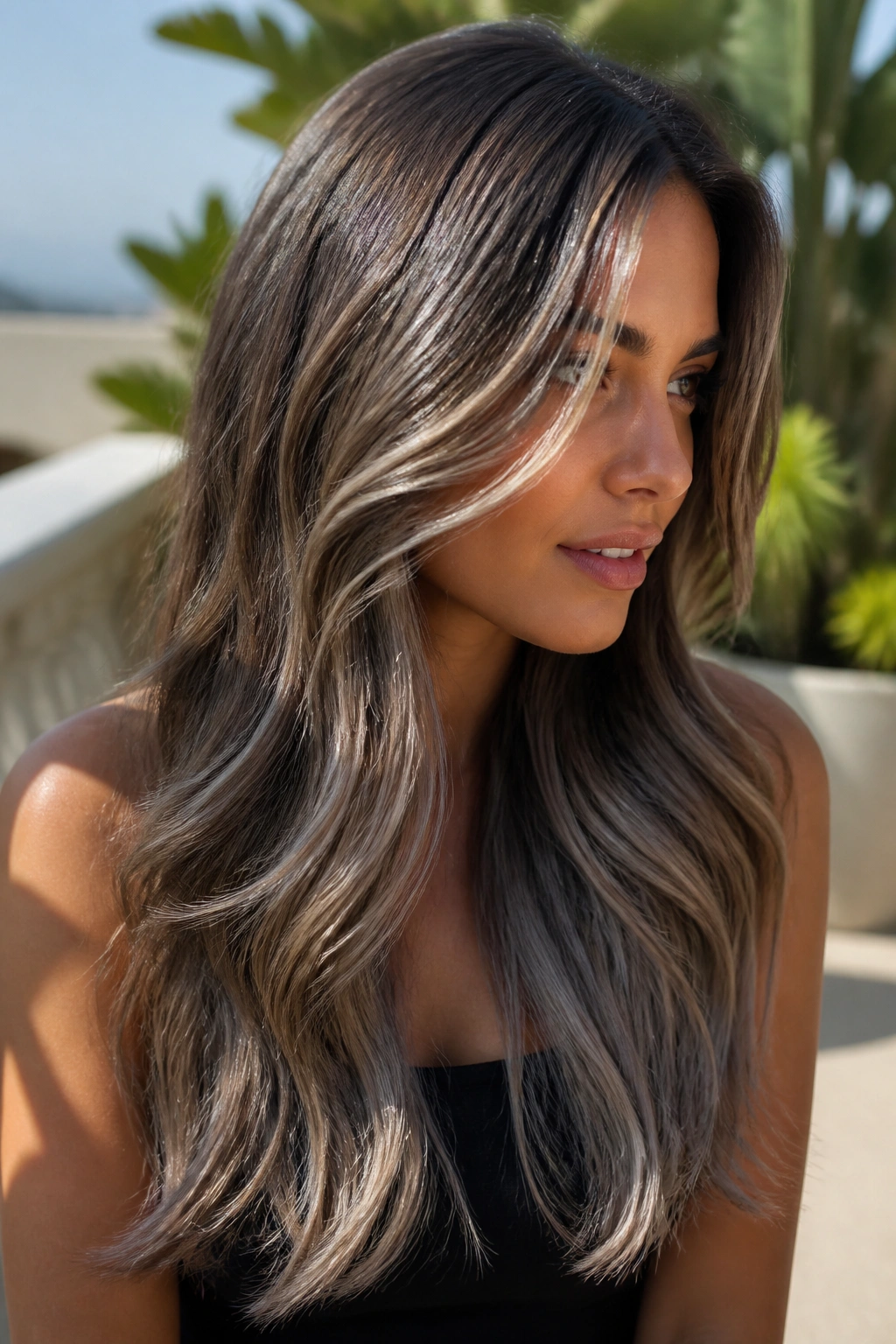 Dimensional babylights beneath a silver veil on long hair