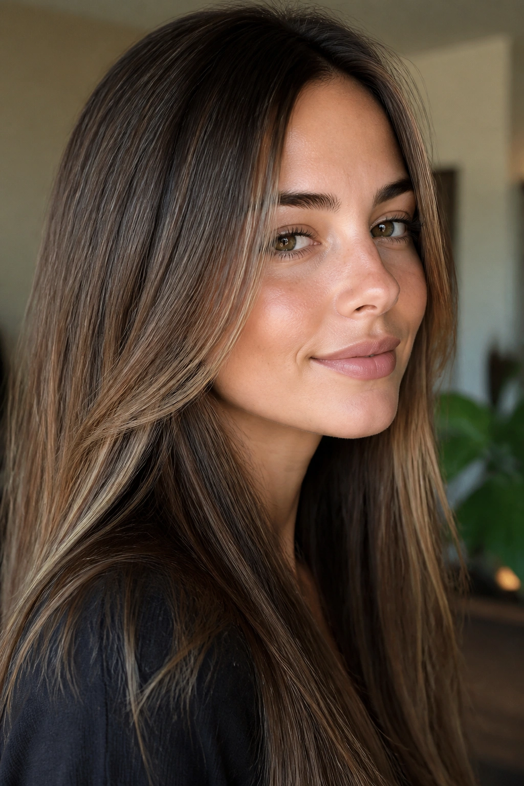 Brunette with fine babylights framing the face.