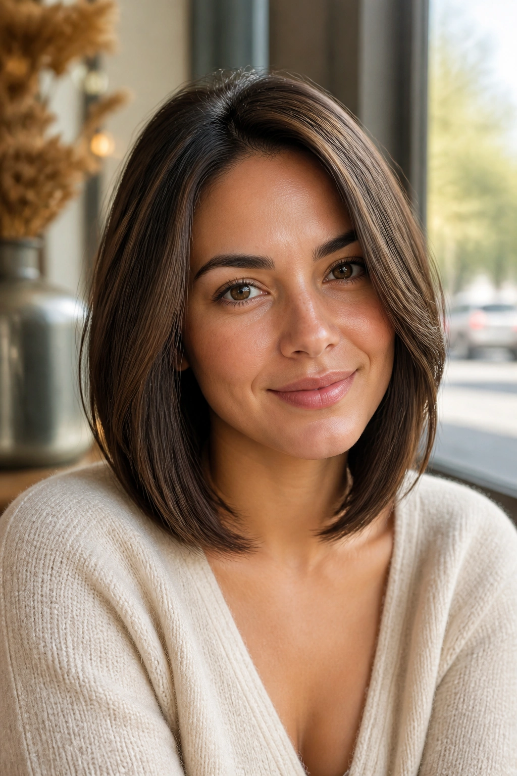 Close-up portrait of a real woman wearing a balanced collarbone lob with a subtle stack and tucked ends in a cafe setting