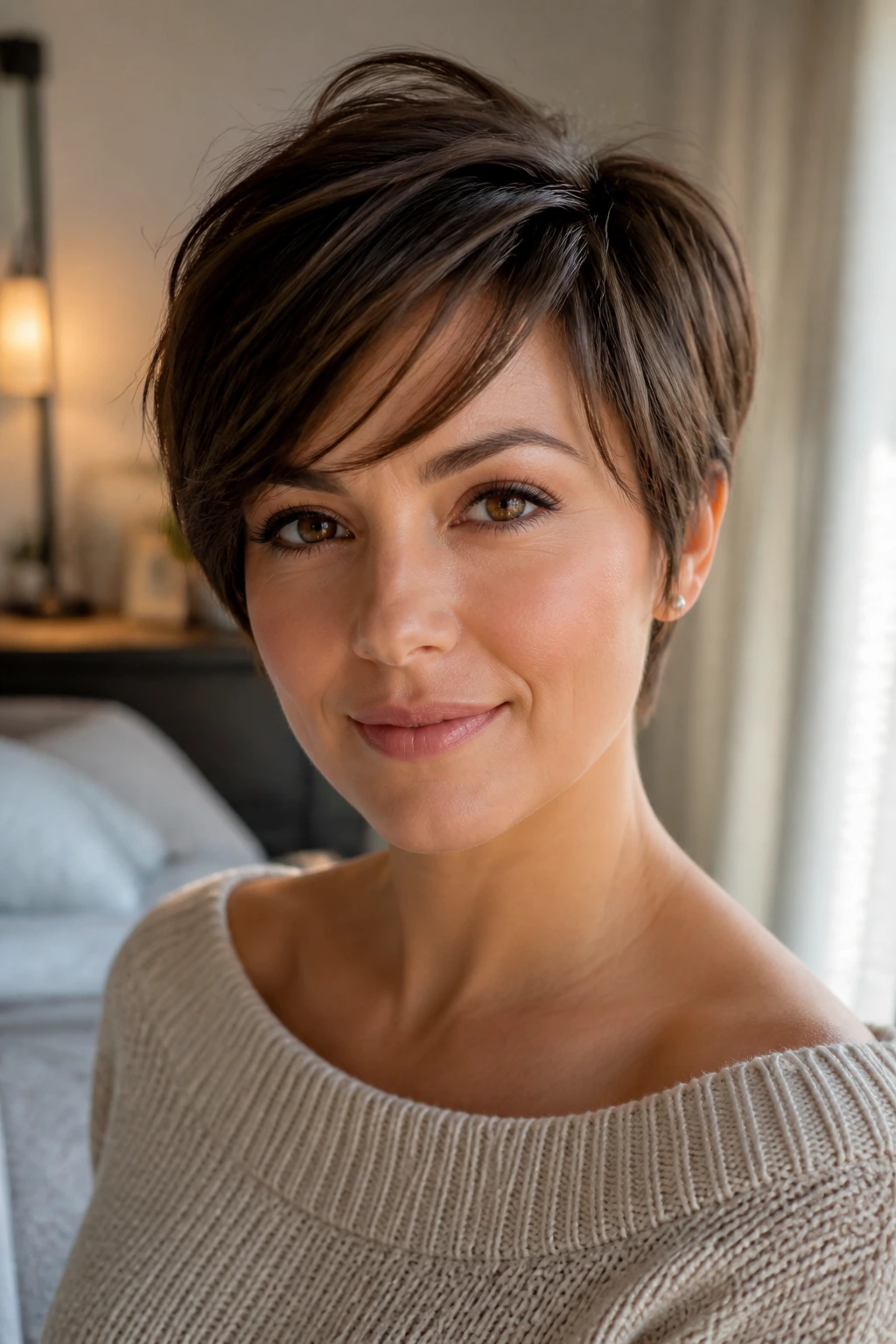 Real woman wearing a soft balanced long pixie for round faces.