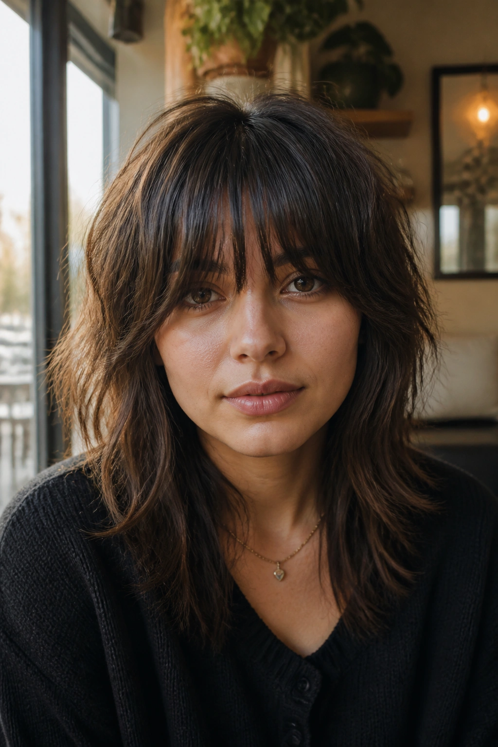 Close-up portrait of a real person with a balanced wolf cut and long fringe.