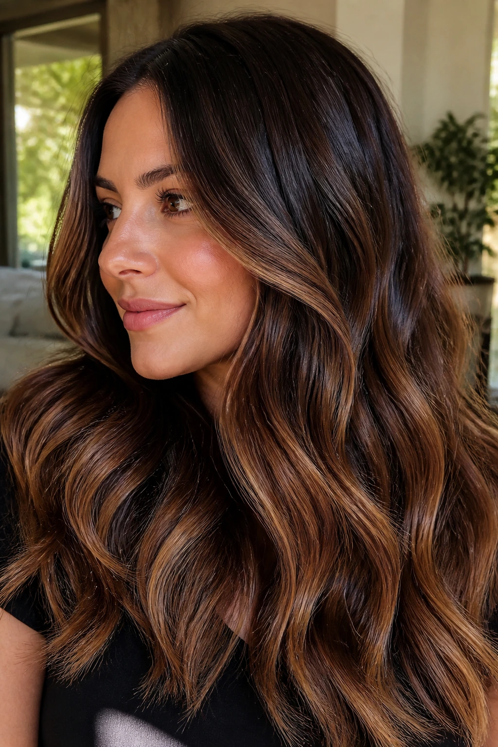 Close-up portrait of a real woman with amber brown balayage on brunette hair in natural light