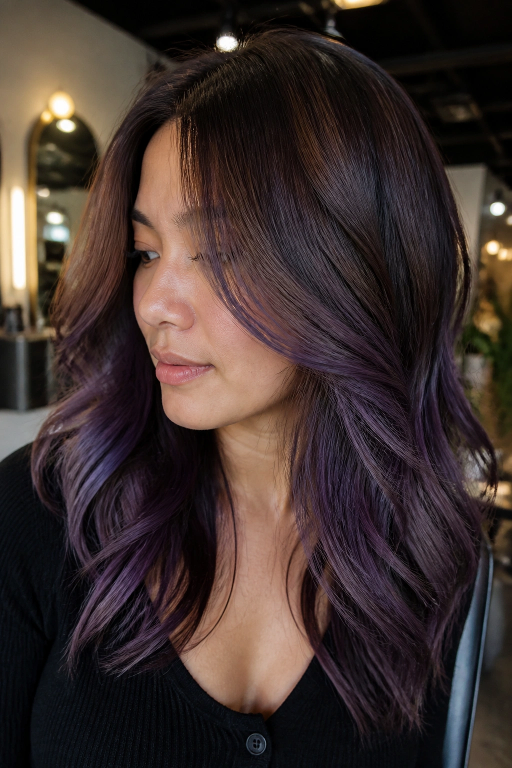 Close-up of a real woman with smoky amethyst balayage on brown hair