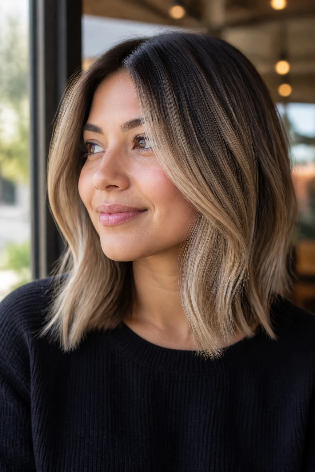 Close-up portrait of a real woman with ash beige balayage on a shoulder-grazing lob.