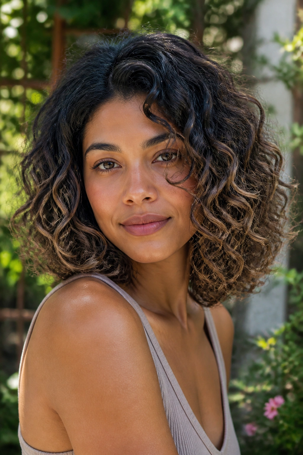 Portrait of a woman with ash-brown balayage on a curly lob in a sunny garden.