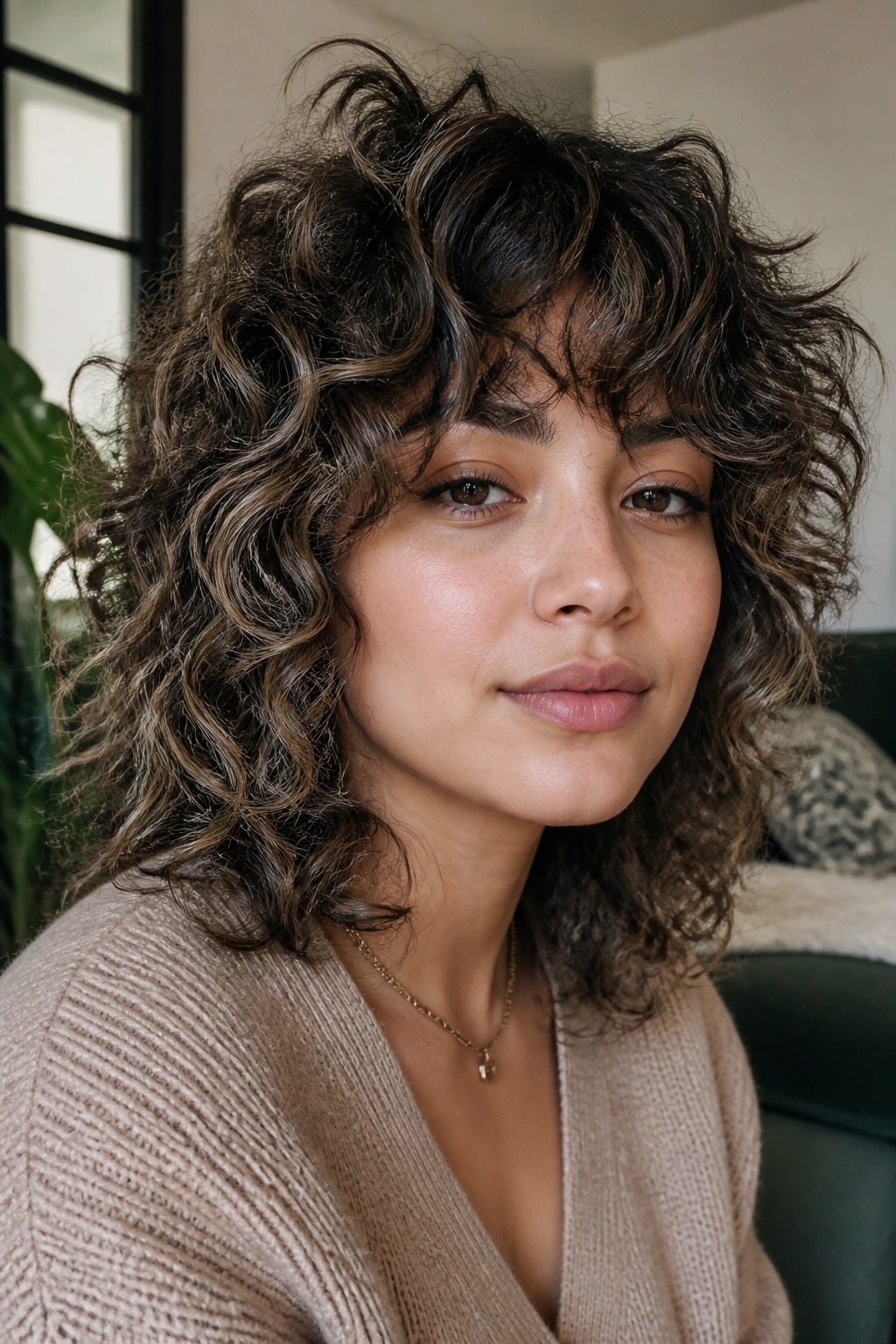 Close-up of a real person with a curly shag and ash-brown balayage