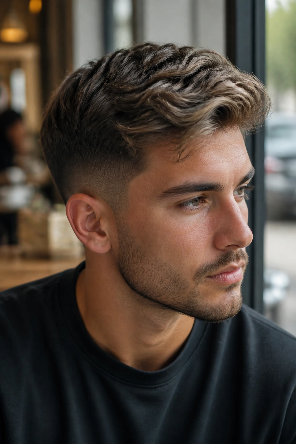 Close-up of a man with a low fade and ash brown balayage on the top for a cool, subtle lift