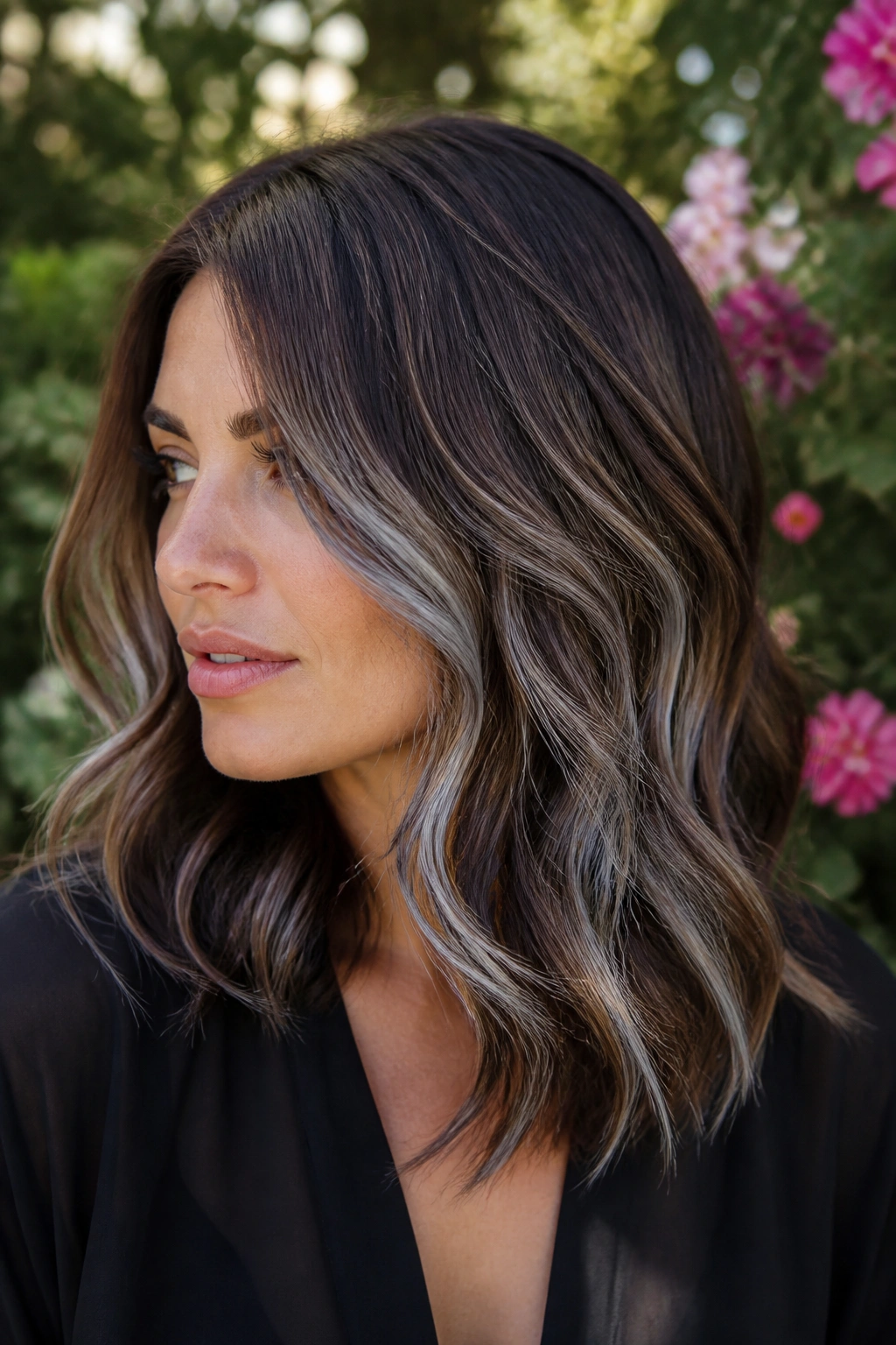 Close-up of chocolate brown waves with ash ribbon highlights