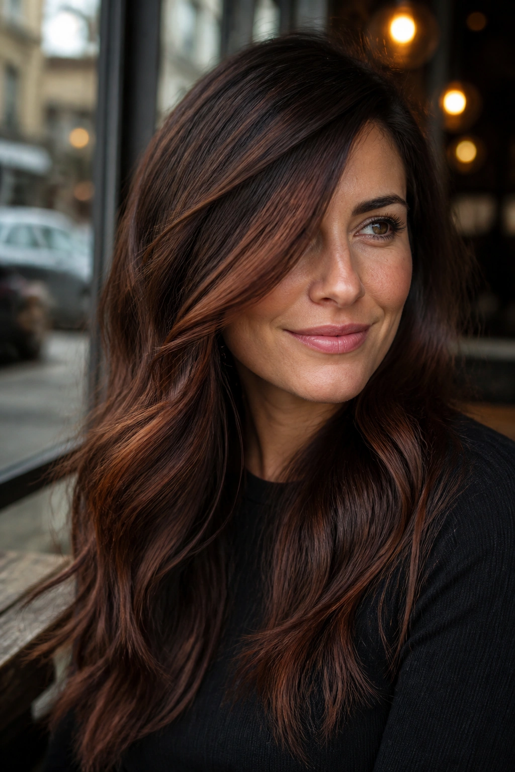 Close-up portrait showing diagonal auburn slices through chocolate brown hair