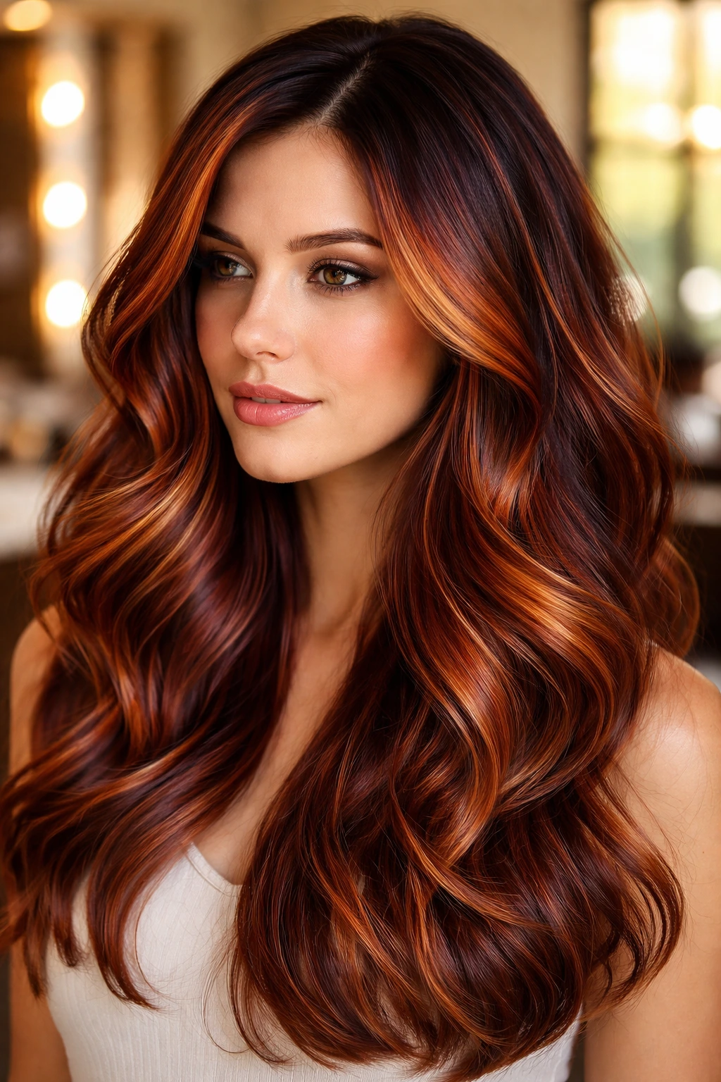 Close-up of a real woman's head showing sunset-inspired balayage with crimson, orange, and amber tones