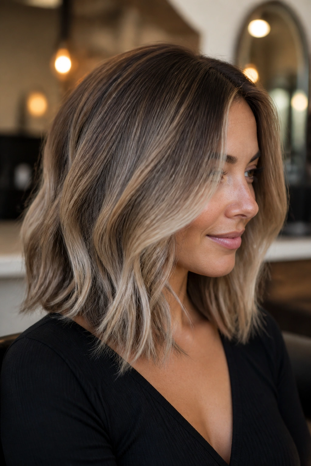Medium-close portrait of shoulder-length smoky beige blonde balayage on hair
