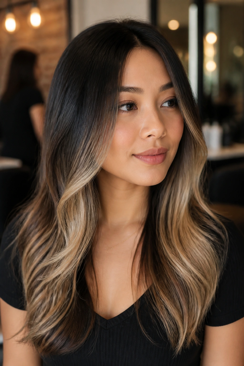 Head-and-shoulders portrait showing balayage starting below the cheekbones on black hair
