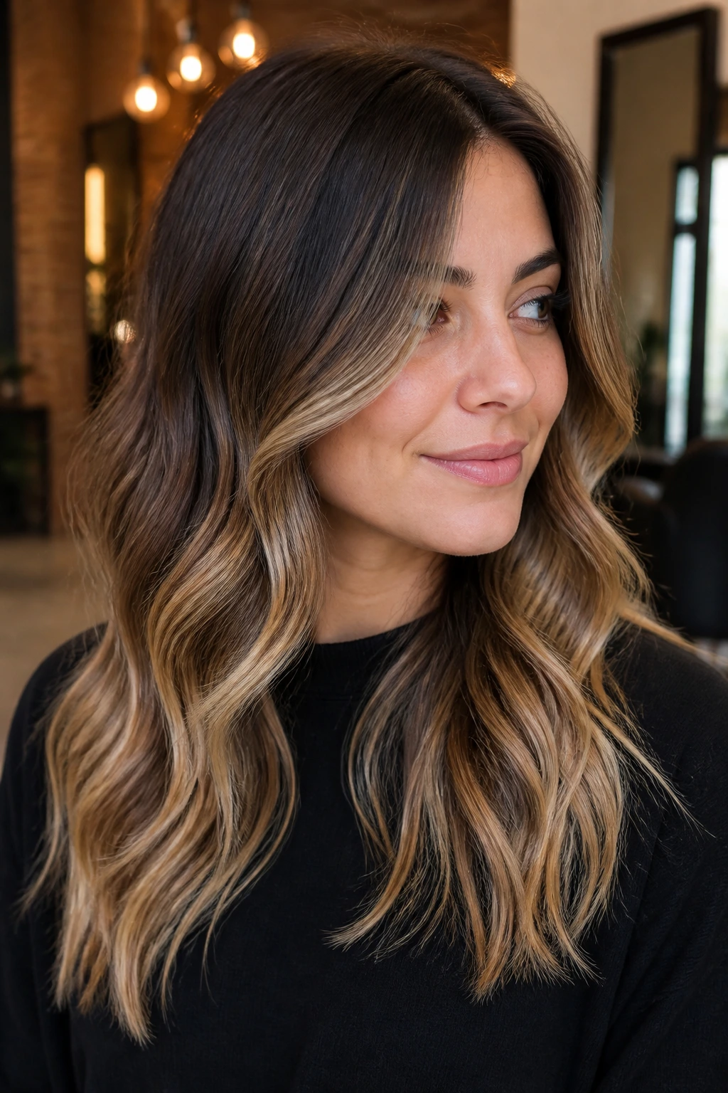 Close-up of balayage starting below temples on a round-faced woman