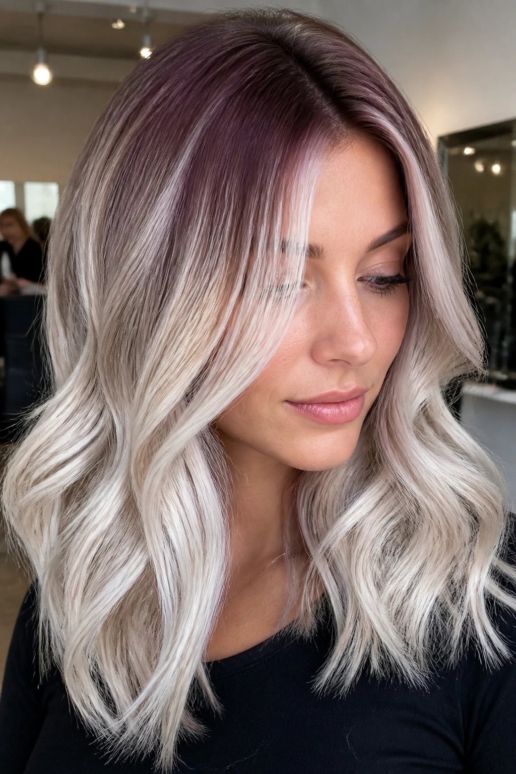 Close-up of a real woman with white blonde balayage and berry shadow root