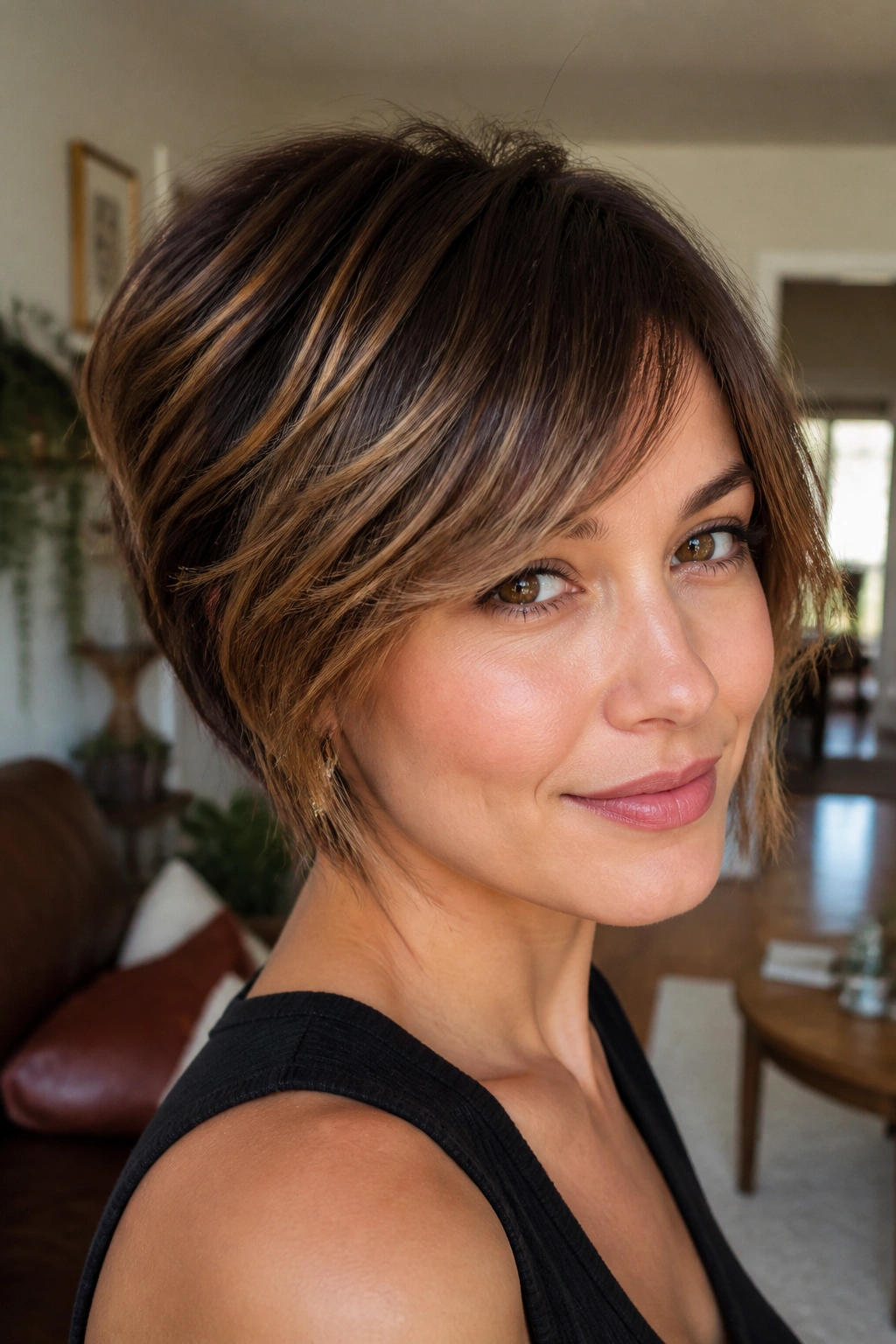 Real woman with soft brown balayage on a bixie cut in a warm living room