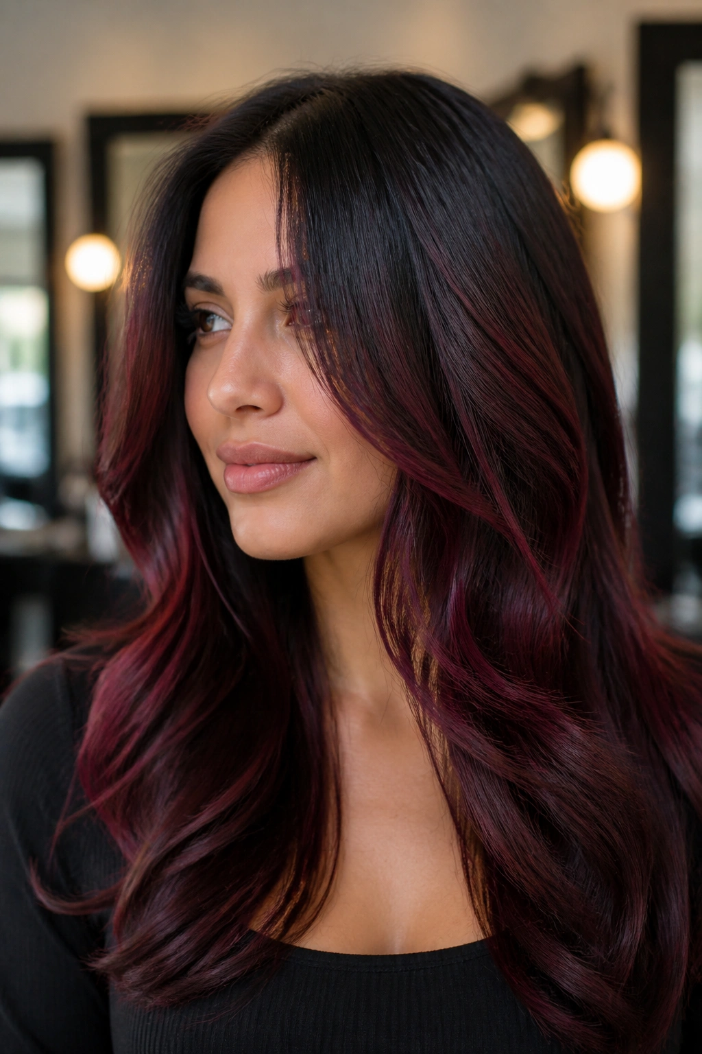 Portrait of a real woman with black roots and black cherry balayage on long layered hair.