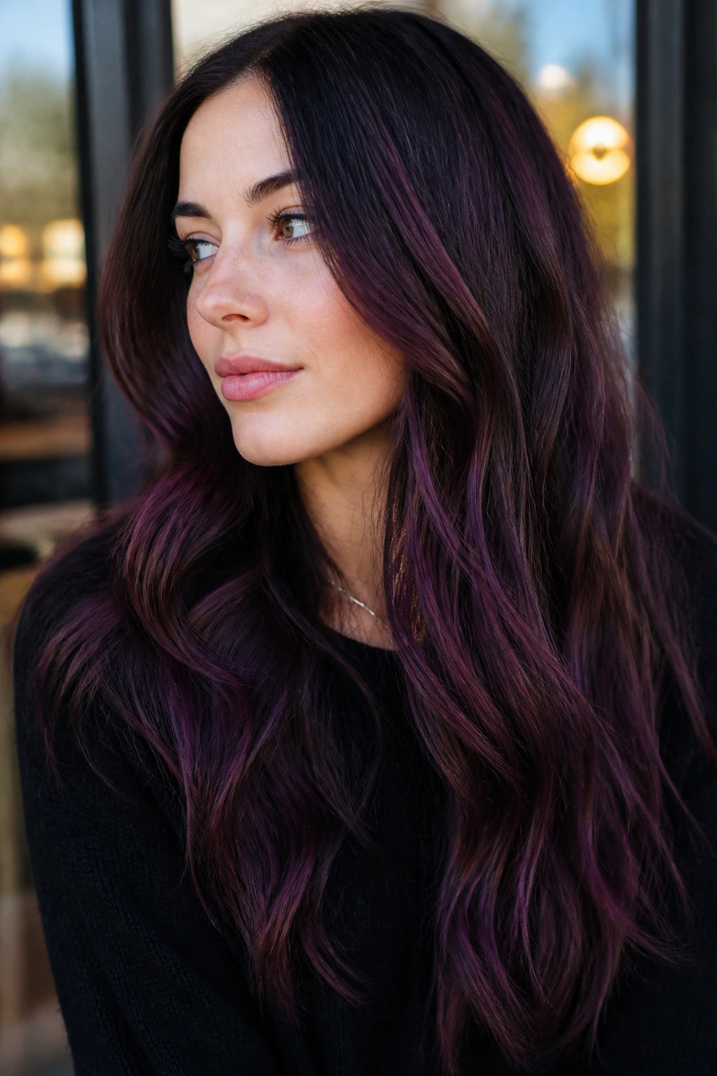 Close-up portrait of a real woman with espresso brown base and blackberry balayage in cafe-window light