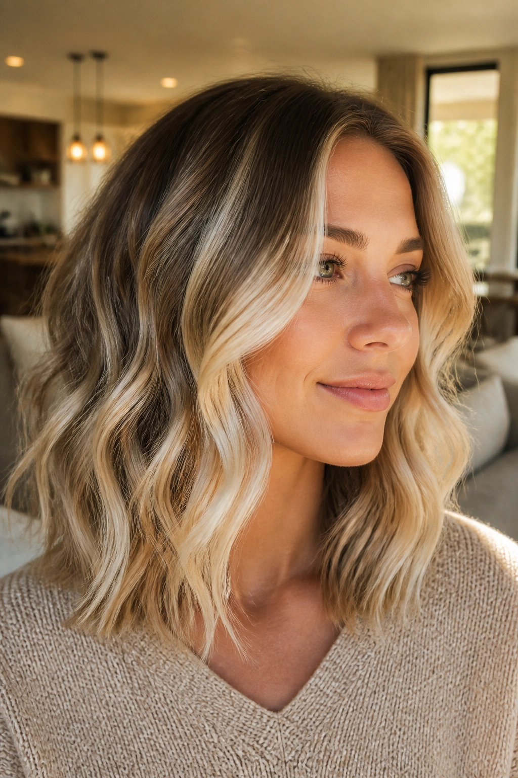 Real woman with balayage blonde hair and ribbon-like highlights in loose waves.