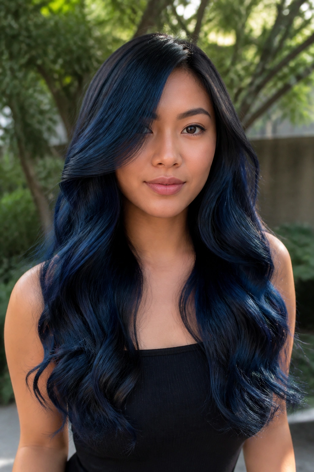 Portrait of a real person with blue-black balayage on long waves