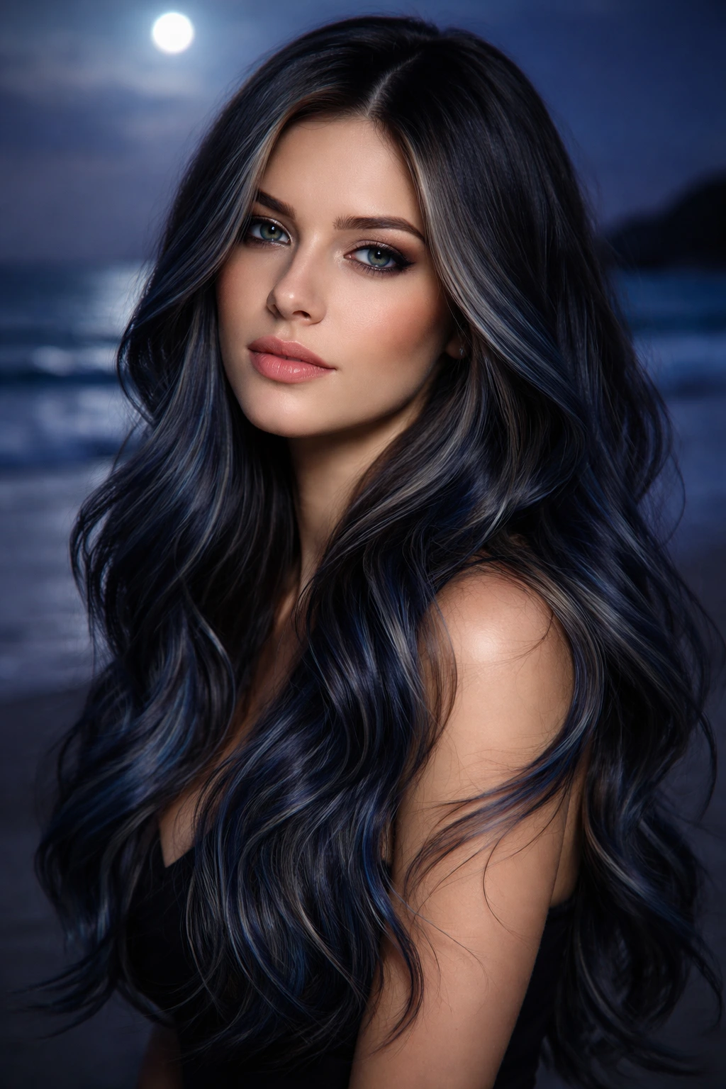 Close-up portrait of a real person with navy and slate balayage on dark blonde hair against a moonlit seaside backdrop