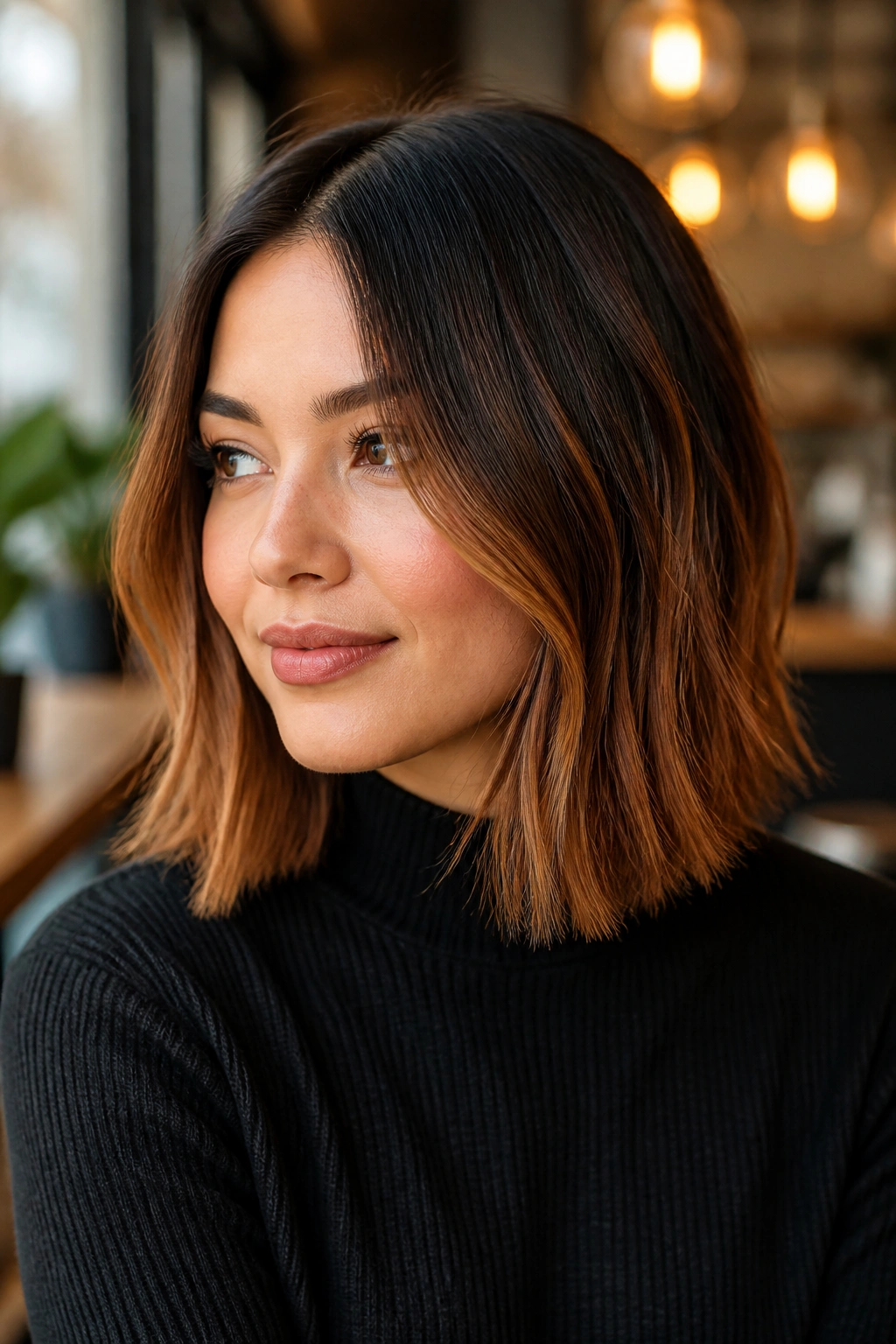 Close-up of a real woman with cinnamon-caramel balayage on a blunt lob in cafe light