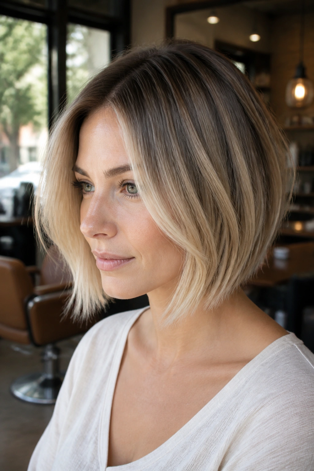 Portrait of a woman with dimensional balayage bob and face-framing lighter ribbons.