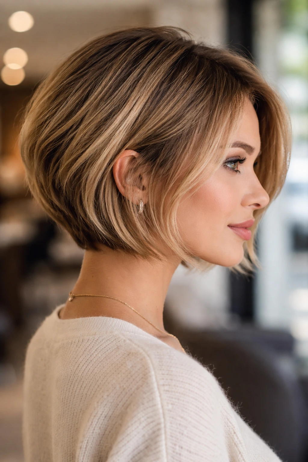 Close-up portrait of a woman with soft balayage stacked bob in warm salon lighting