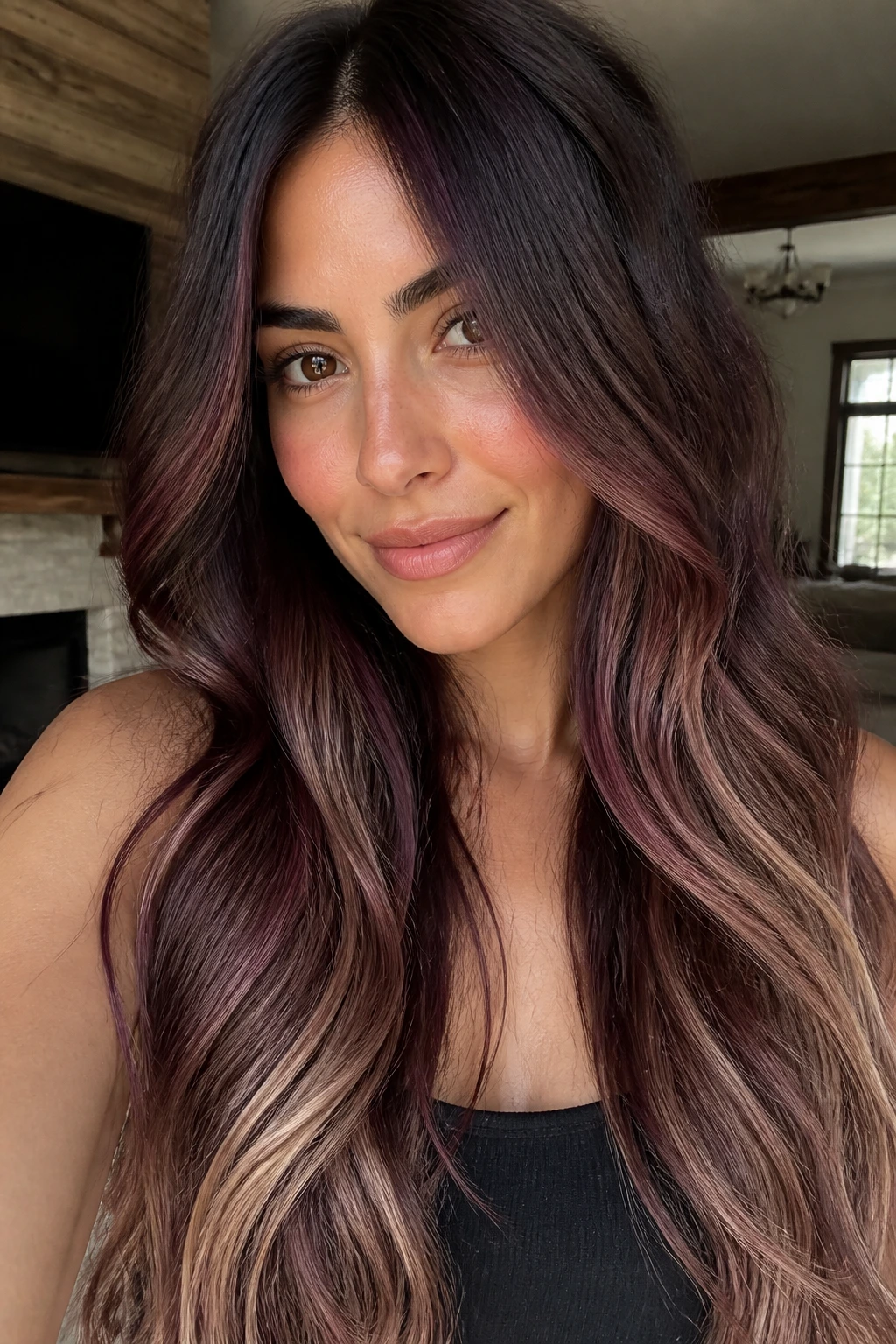 Close-up of a real woman with long chocolate hair in Bordeaux balayage and blonde lower pieces