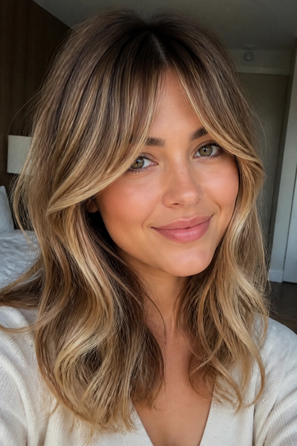 Close-up of a real woman with honey balayage bottleneck bangs in warm natural light