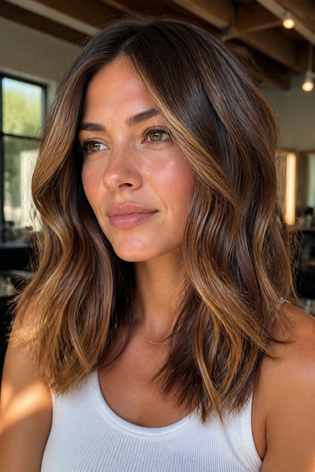 Close-up of brunette with soft honey caramel balayage on mid-lengths and face-framing pieces