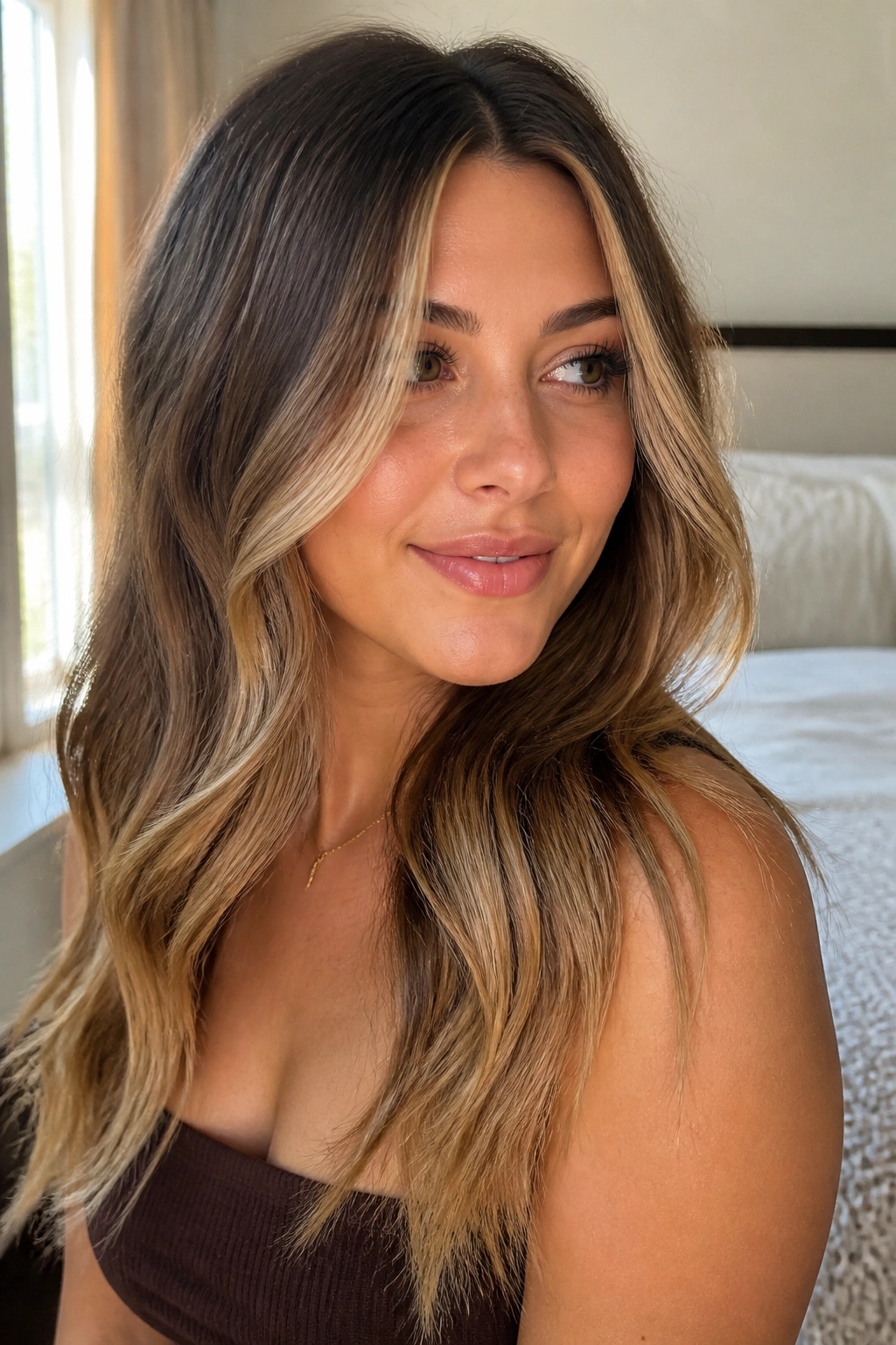 Close-up of real woman with soft brown blonde balayage and long face-framing pieces.