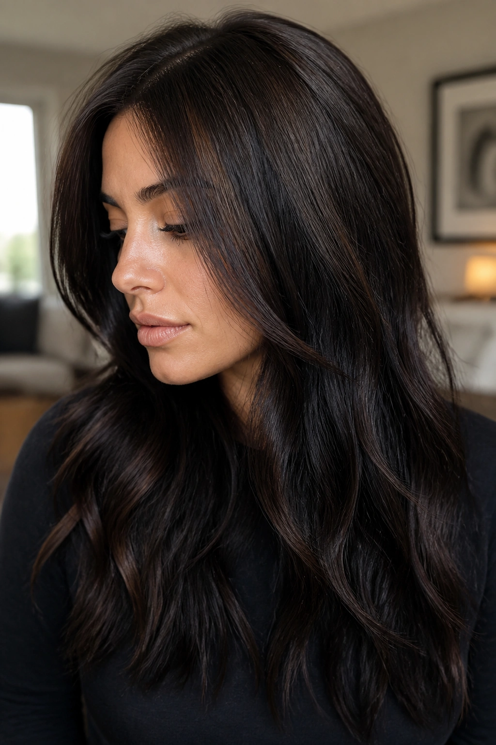 Close-up portrait of a woman with grown-out black balayage on brunette hair