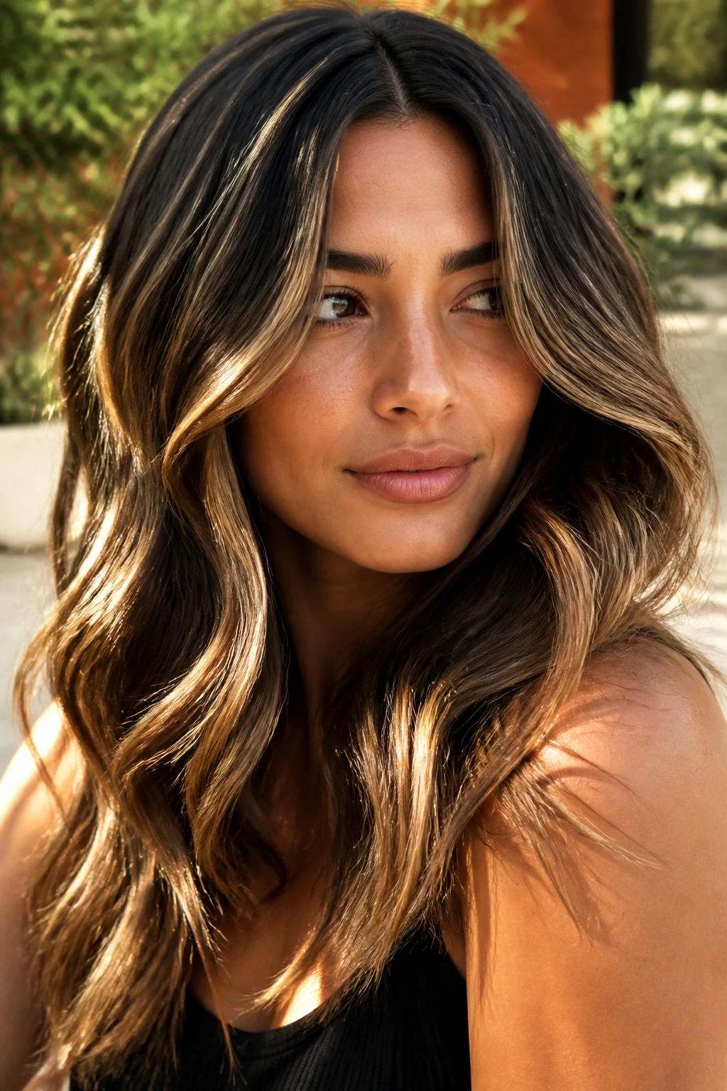 Real woman with dark brown base and bright light ribbons in high-contrast balayage