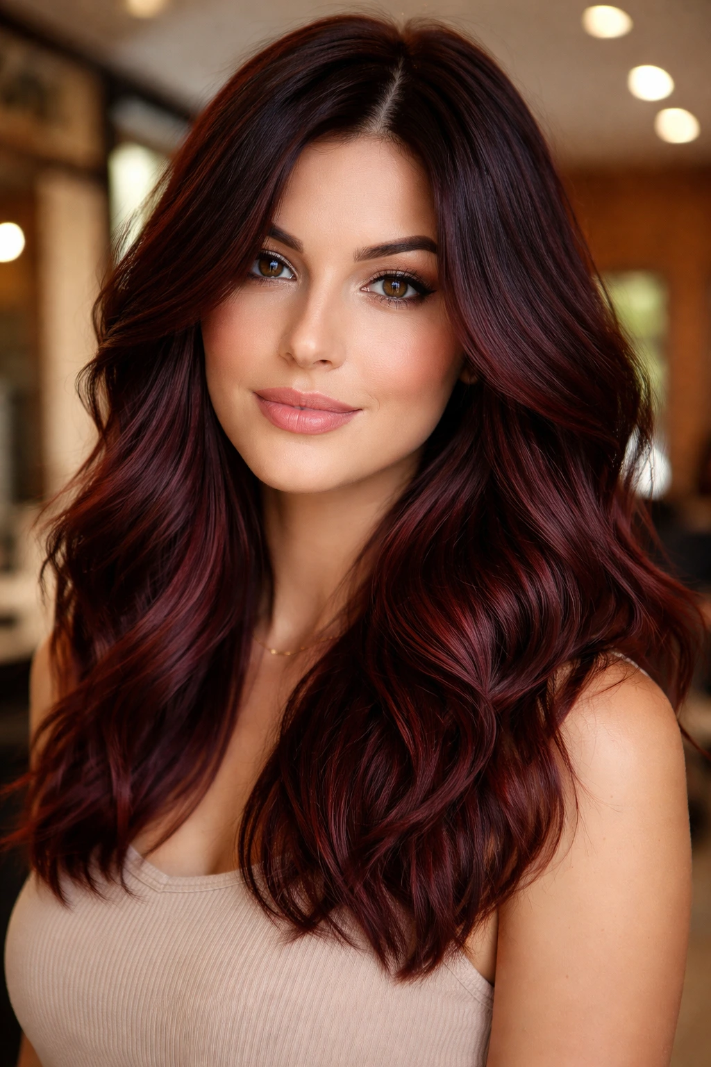 Close-up portrait of a woman with deep burgundy auburn balayage in a salon