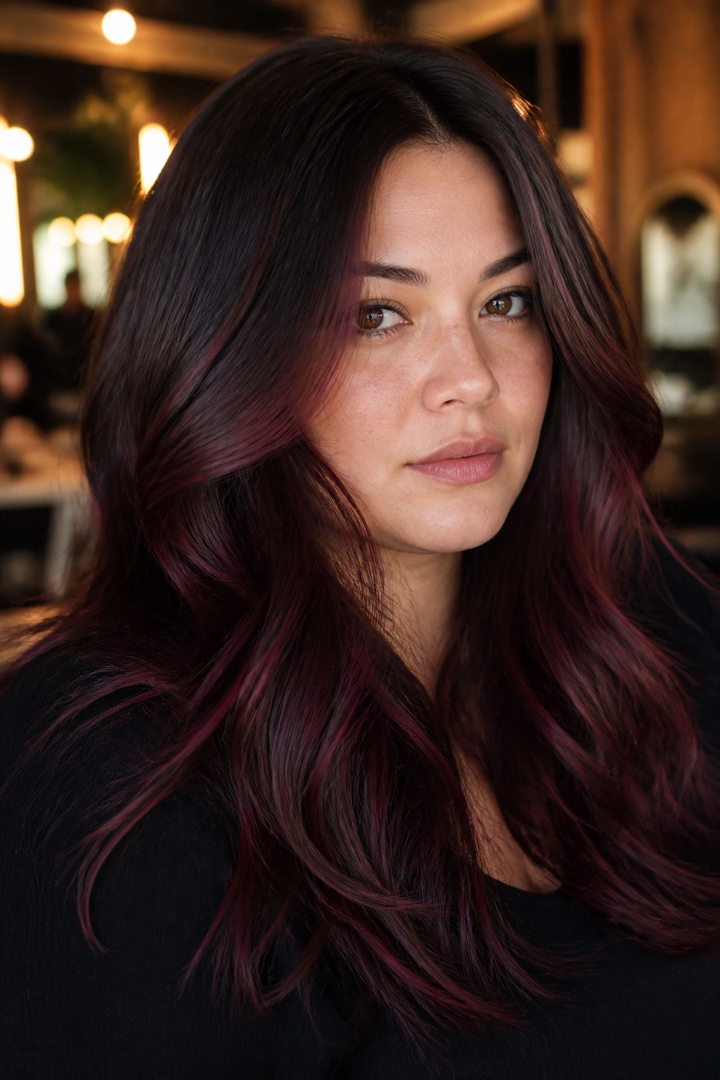 Close-up portrait of a woman with burgundy-black balayage on long layered hair