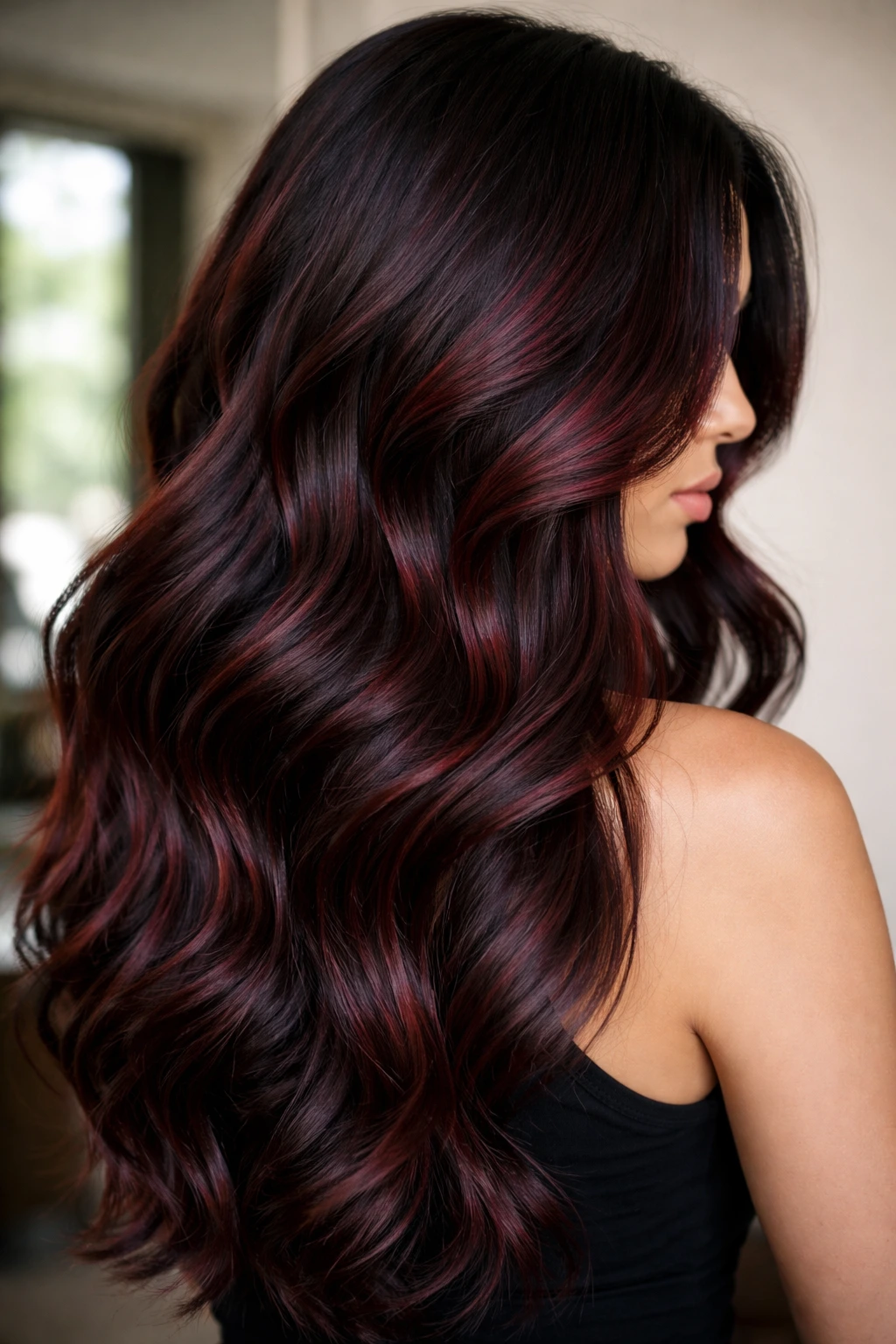 Close-up of brunette hair with classic black cherry blend in soft window light