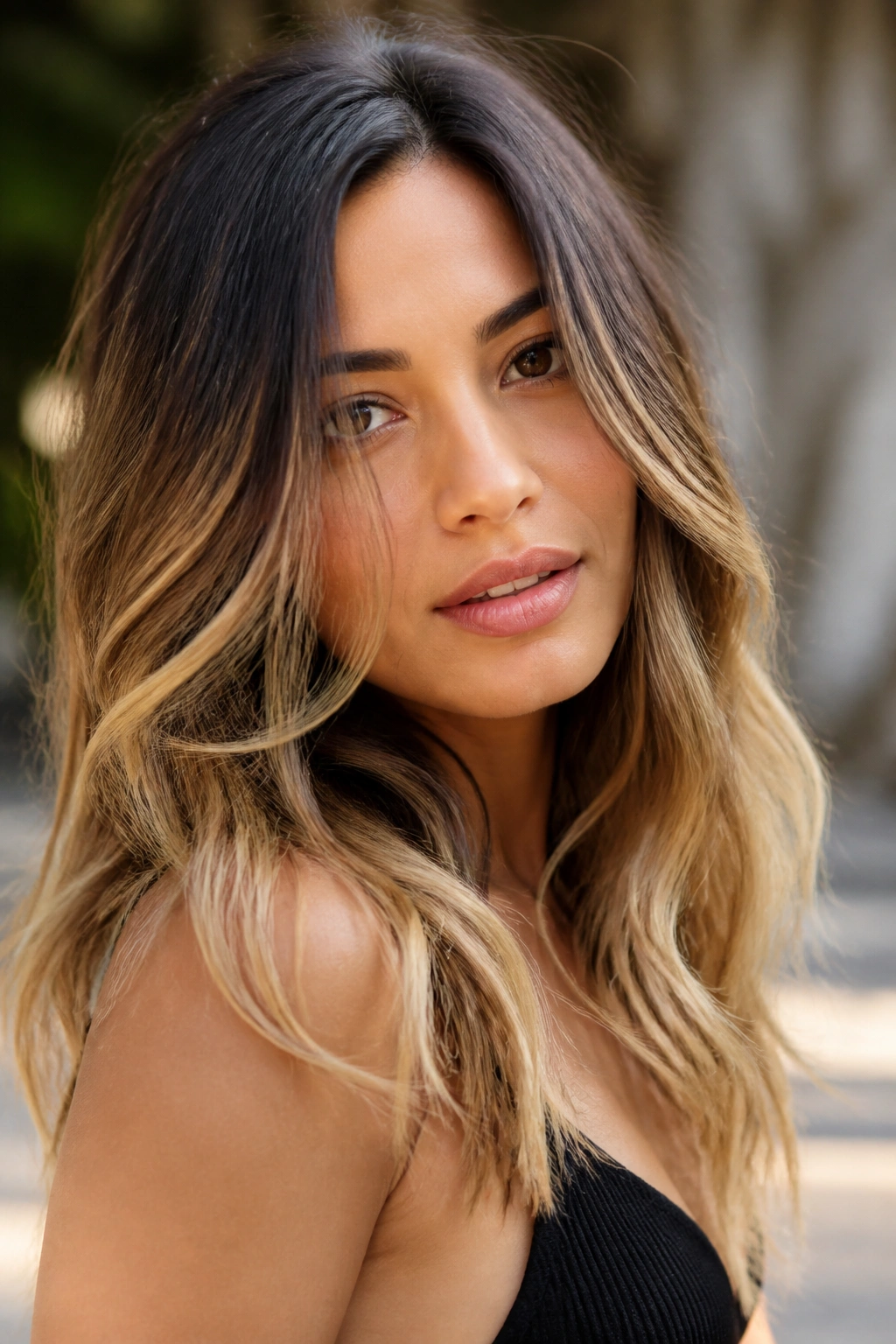 Close-up of a real woman with buttery blonde ends on brown hair