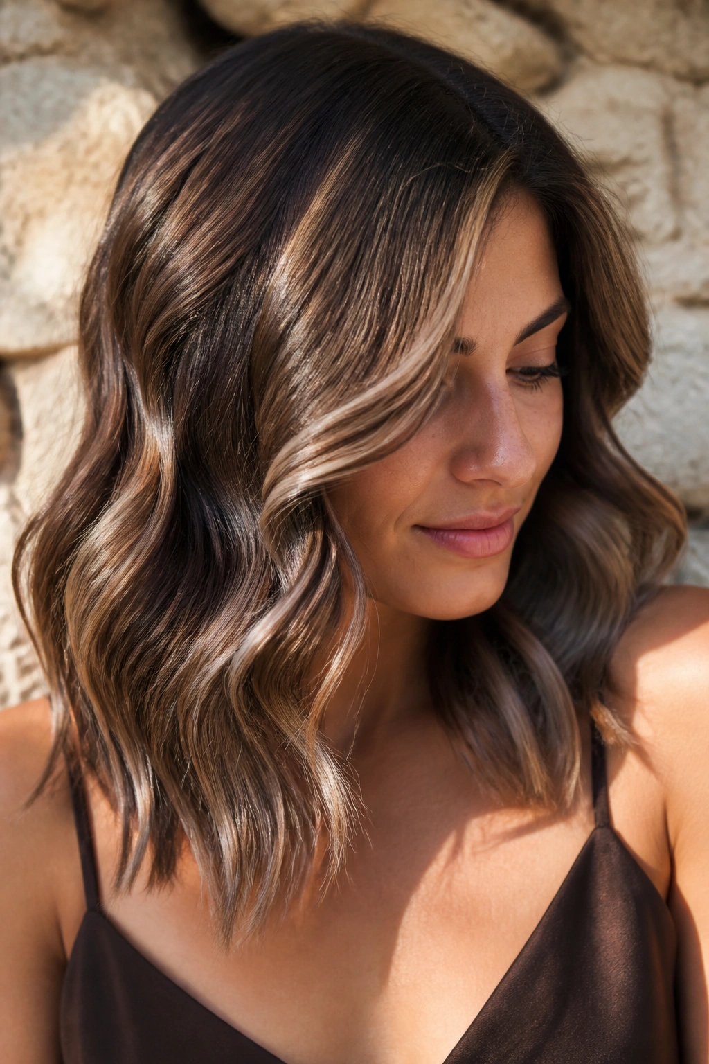 Portrait of brunette with ashy caramel ribbons in wavy hair