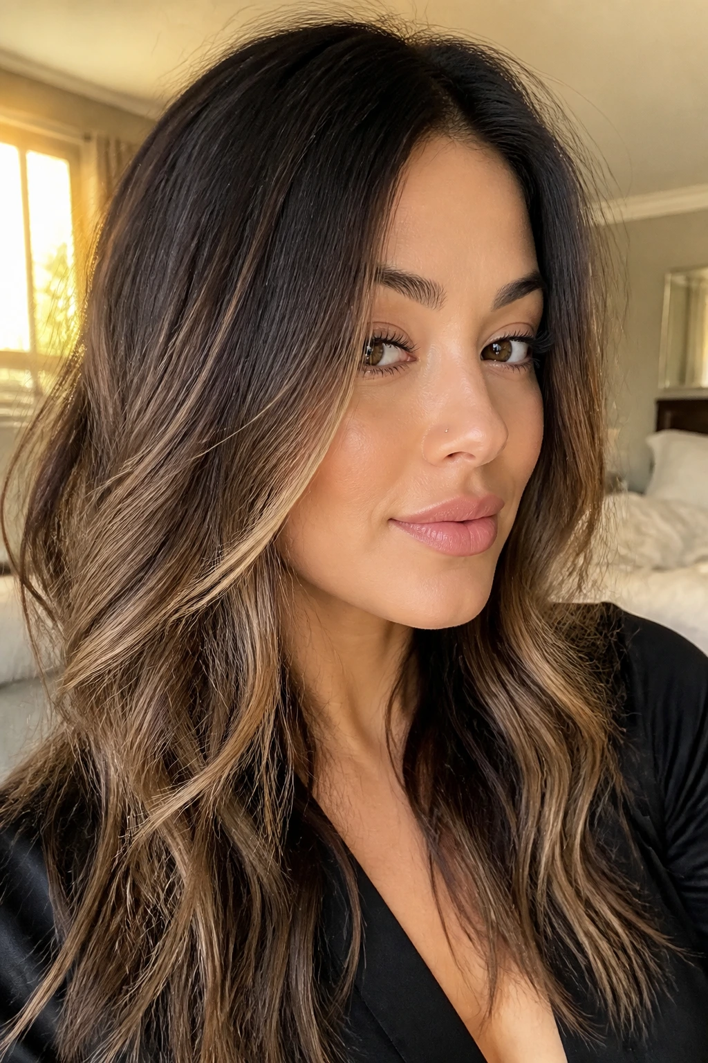 Close-up portrait of a real woman with caramel ribbons starting below the cheekbone in a soft, diagonal balayage.