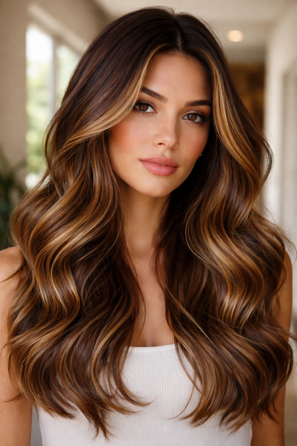 Close-up of a real woman with warm caramel balayage highlighting brown hair