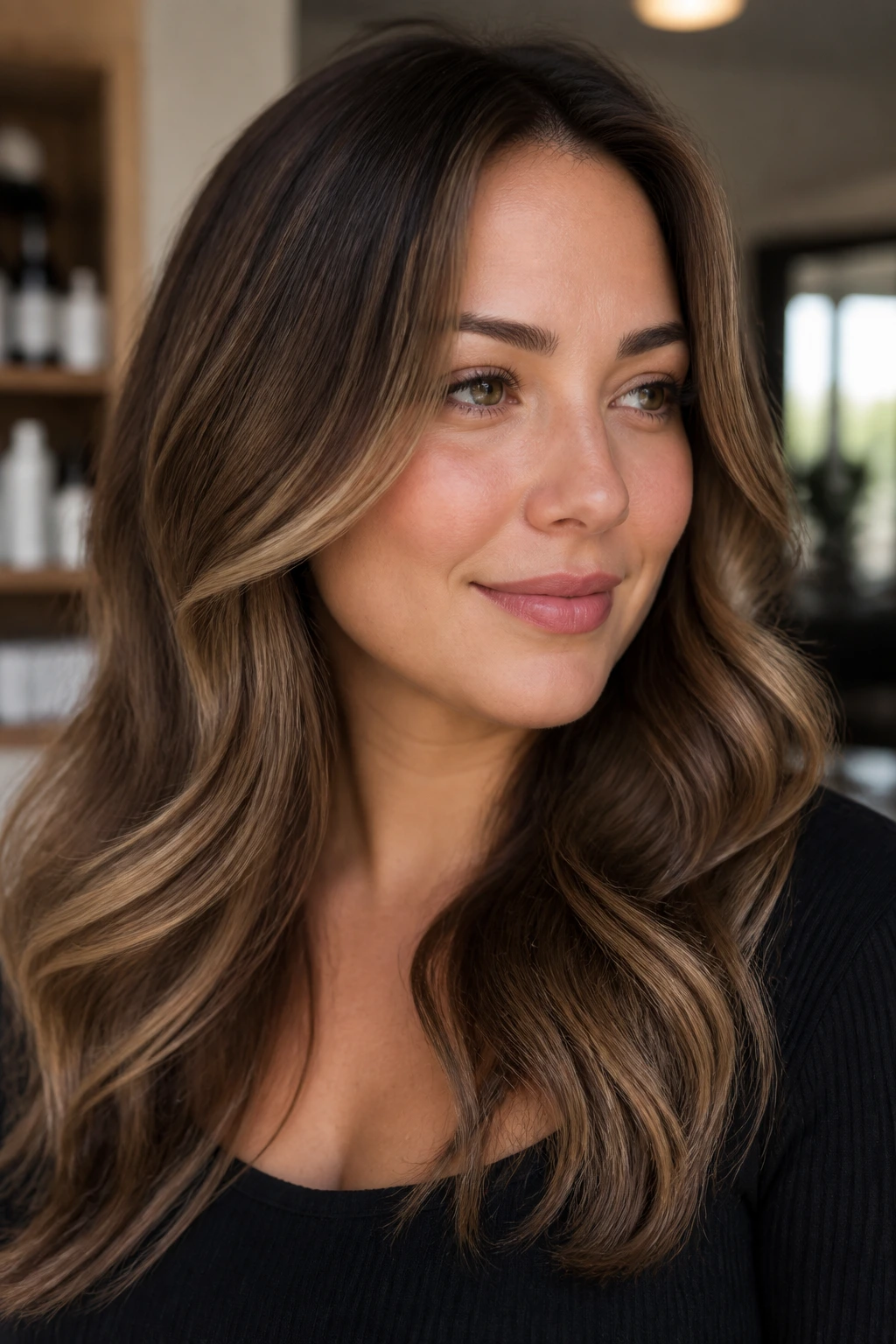 Close-up portrait of a real woman with soft neutral brown balayage and subtle caramel, showcasing gentle face-framing for round faces.