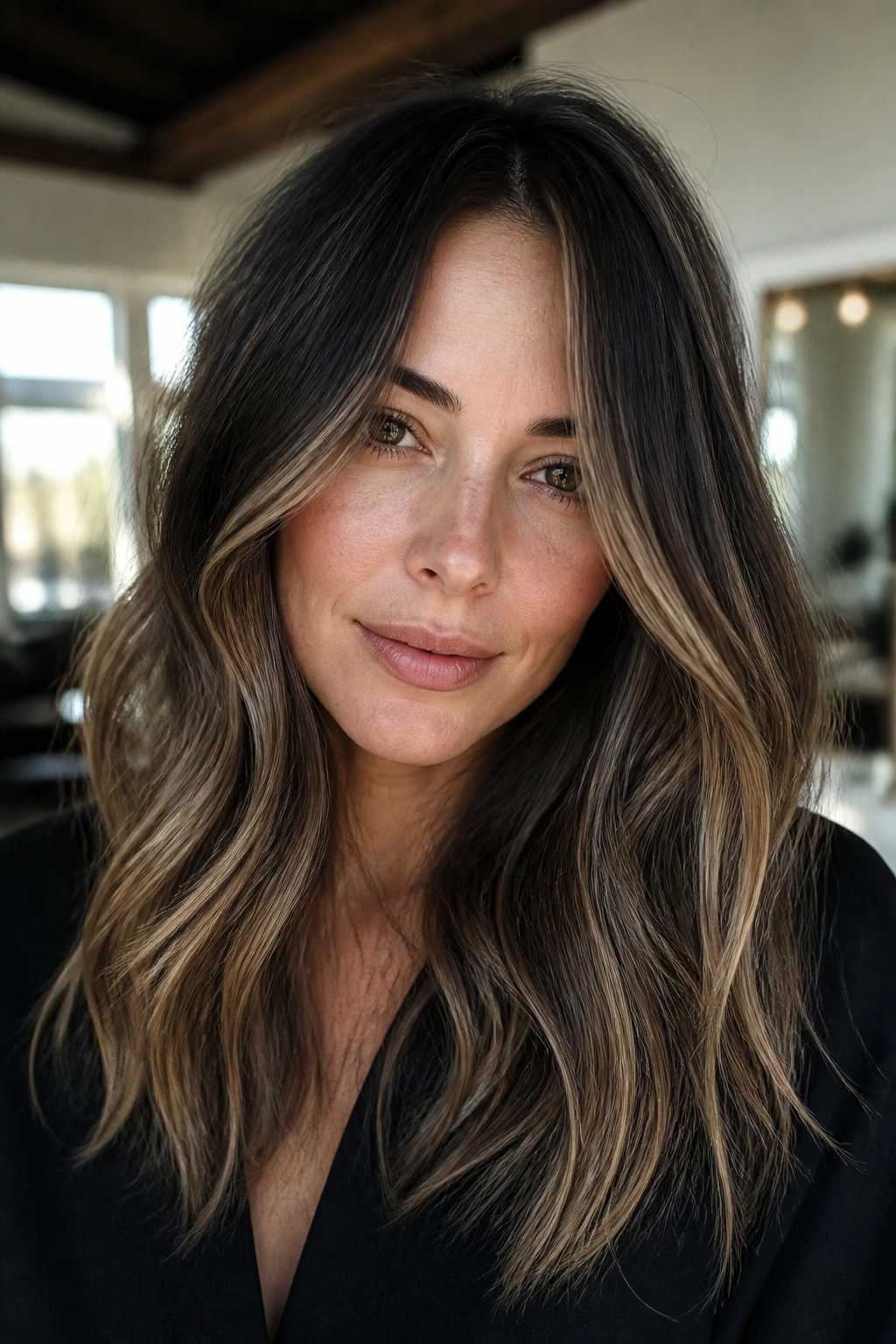 Close-up of brunette with smoky beige caramel balayage, hair framing the face.