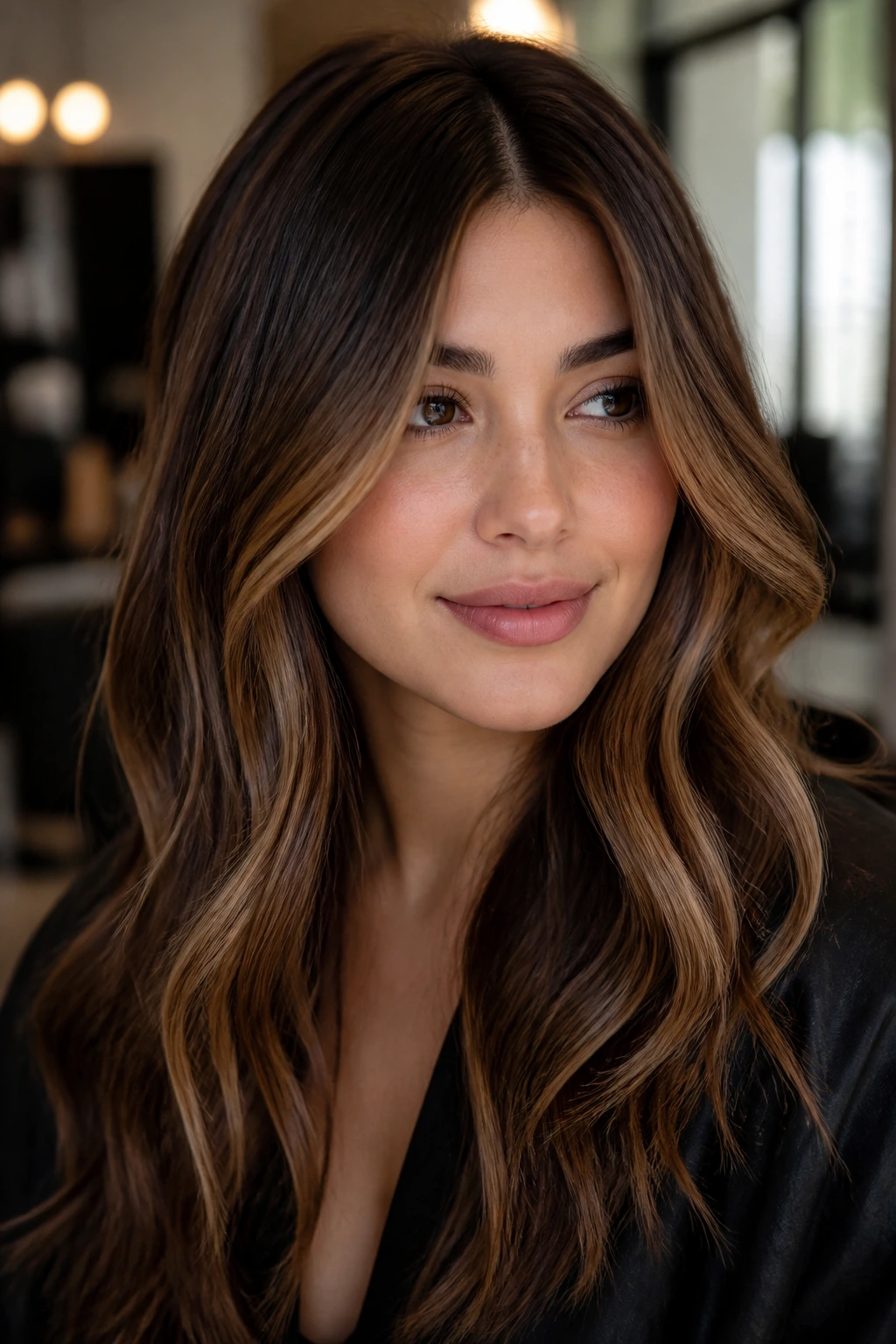 Close-up portrait showing chestnut balayage with cheekbone caramel on a real person