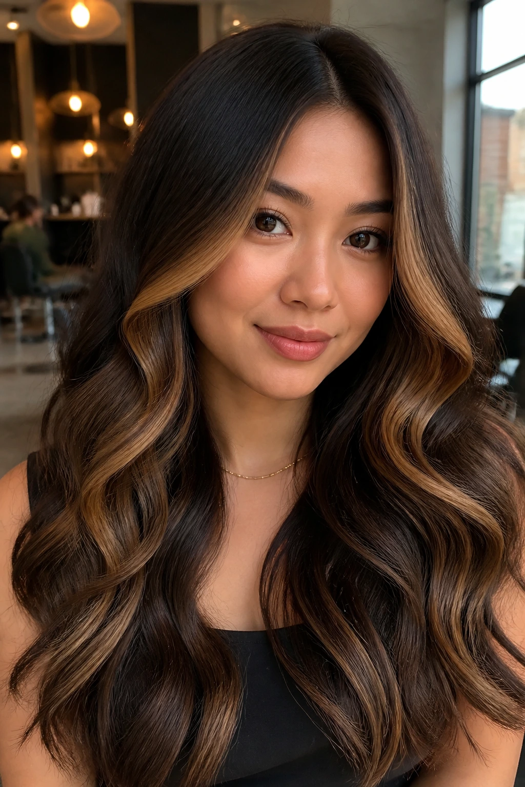 Close-up portrait of a real woman with rich chocolate balayage and chunky caramel panels behind the cheeks