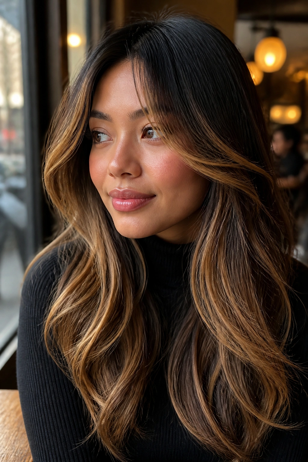 Close-up of a real person with caramel curtain-bang balayage
