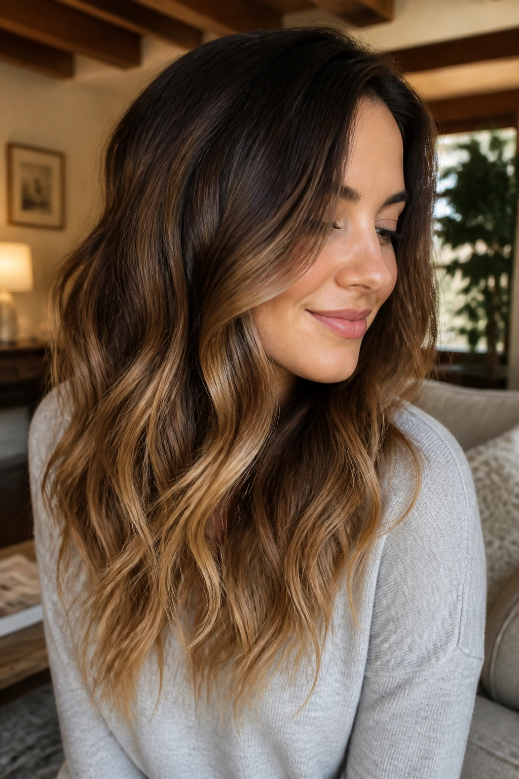 Portrait of a woman showing chestnut balayage with caramel ends