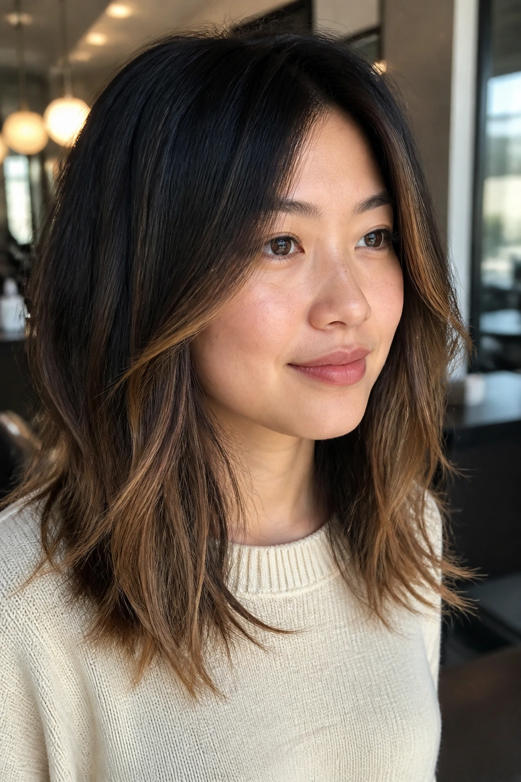 Close-up of real woman's hair with airy honey caramel ends in a bright salon